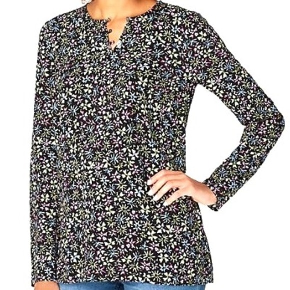 J.JILL Women's Large Black Floral Print Button Neck Long Sleeve Tunic Top Blouse - Picture 1 of 9